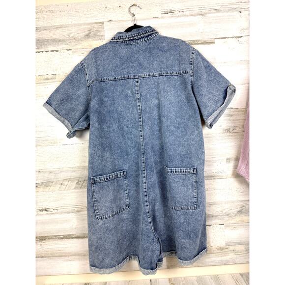 Baevely Womens Plus 3XL Blue Washed Denim Button Up Short Sleeve Jean Romper NWT - Picture 2 of 6